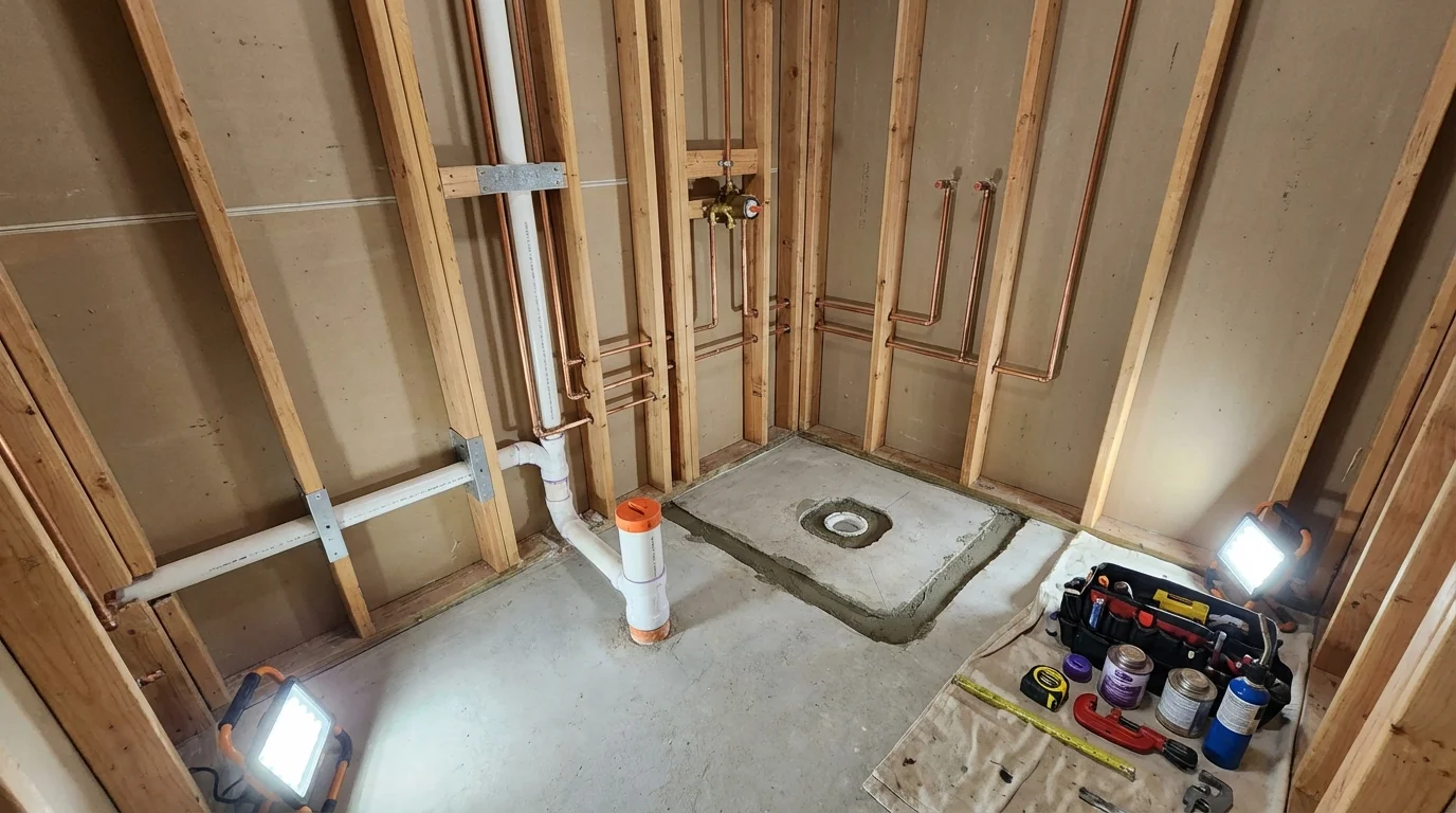 Bathroom rough-in plumbing during remodel by Johns Plumbing LLC in Medford