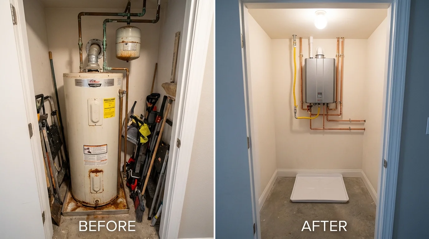 Tank water heater versus wall-mounted tankless unit comparison for Medford, MA homeowners