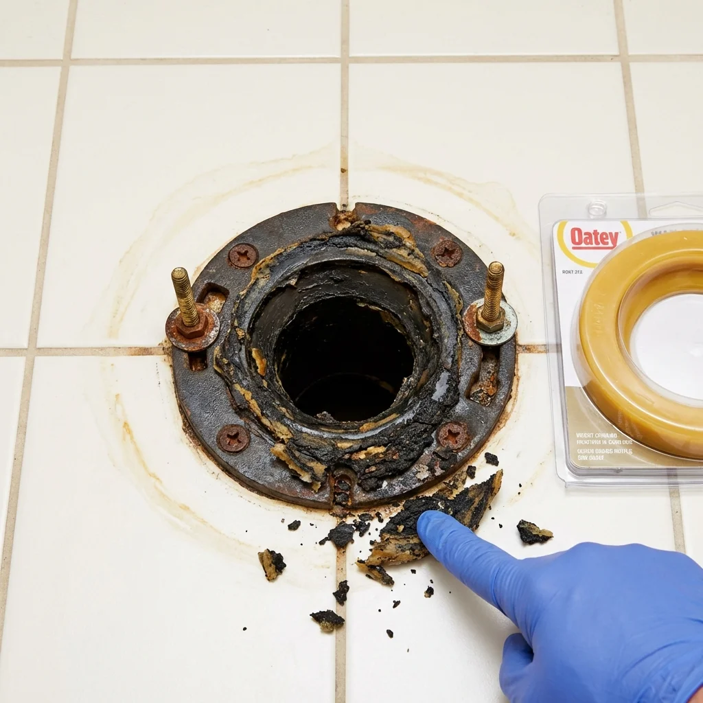 Failed wax ring showing water seepage at the base of a toilet in a Medford, MA home