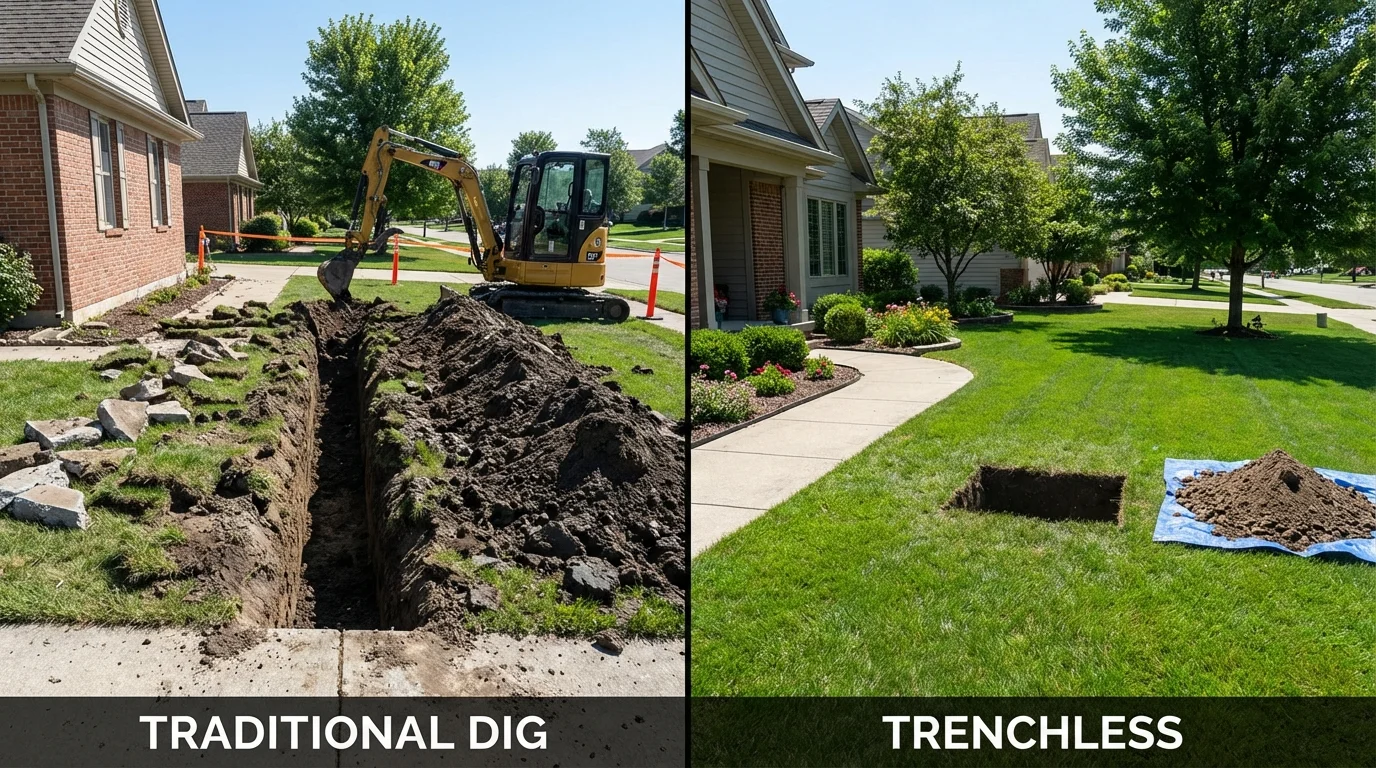 Trenchless sewer repair with minimal yard damage versus traditional excavation in Medford, MA