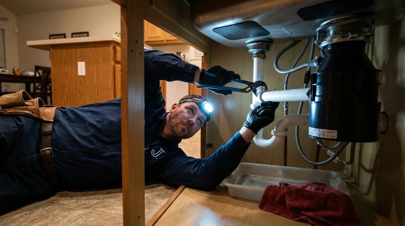 P-trap and supply line connections under a kitchen sink showing a common leak point in Medford, MA